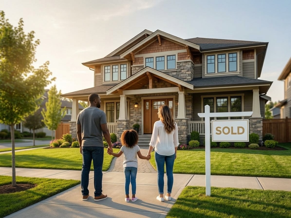A family on the sidewalk holding hands, looking at their new home with a SOLD sign