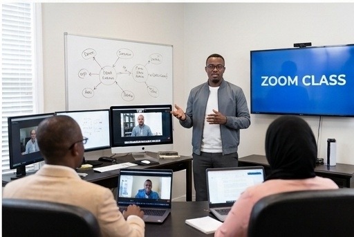 Jean teaching a hybrid class with remote participants